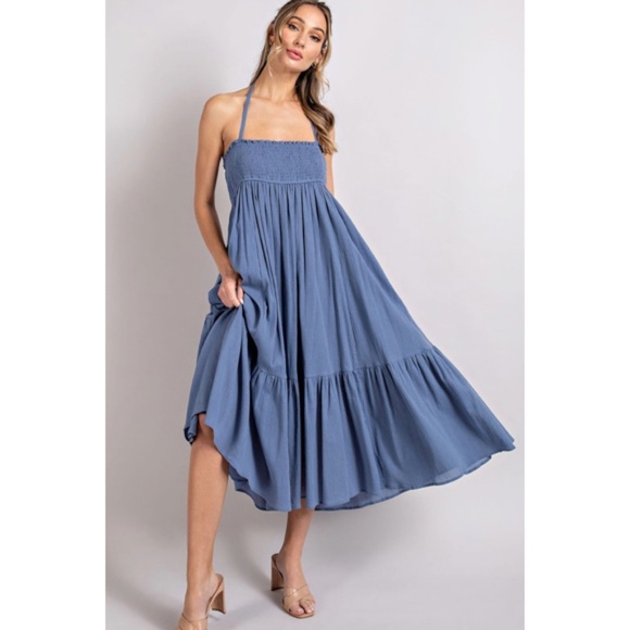 SOLD OUT Denim Blue Smocked Open Back Midi Halter Summer Casual Women's Dress - Picture 3 of 9